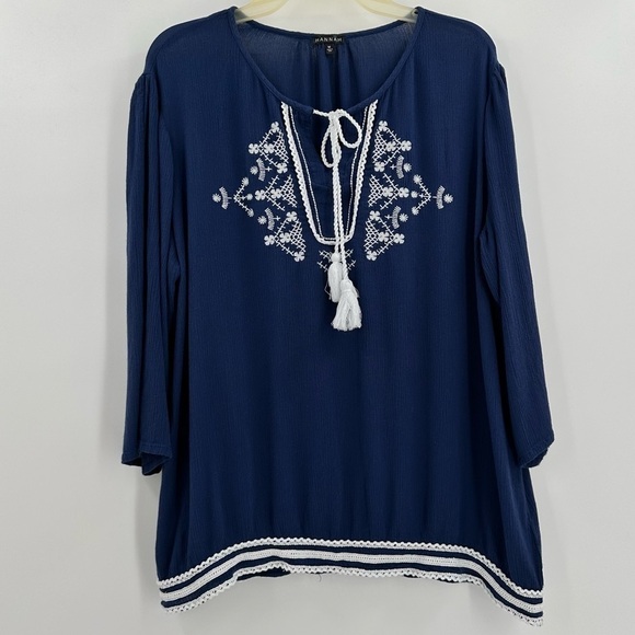 HANNAH Women’s Dark Blue with White Embroidery & Tassle Tie Top Size Medium - Picture 8 of 11